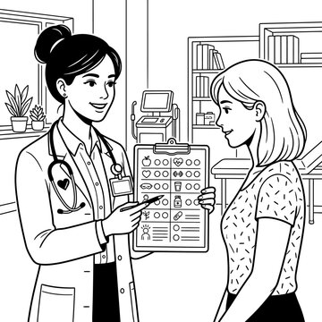 Female doctor explaining medical checklist to female patient.