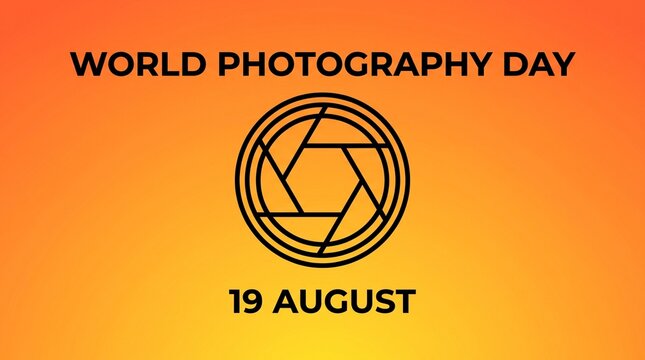 World photography day graphic featuring camera aperture icon on orange background photography aperture celebration creative minimalist illustration