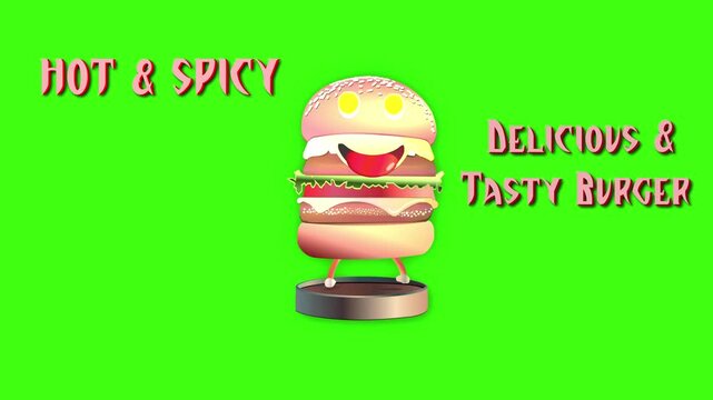 High Jumping 3D burger animation with cartoon style, meat or beef or chicken large burger in green screen background