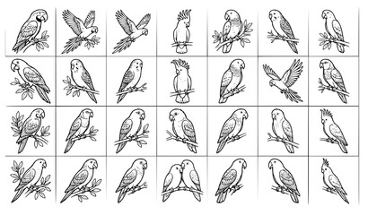 30 Modern Black and White Parrot Line Art Vector Set © Md