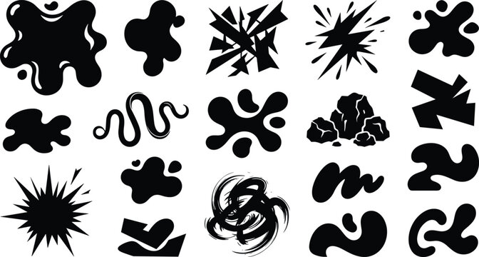 Abstract silhouette collection with cartoon speech bubbles ink splatters dynamic explosions and liquid slime drips for graphic design vector