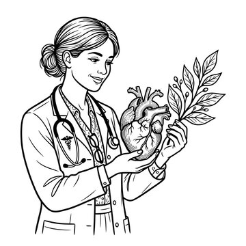 Female doctor holding anatomical heart and plant branch.