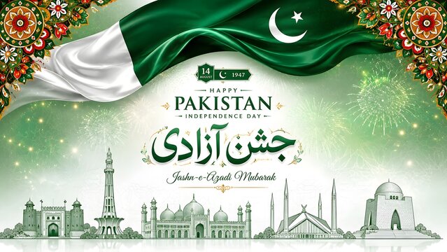Celebrate Pakistan Independence Day (14 August) with this elegant luxury greeting card featuring a sparkling emerald green and gold crescent moon, decorative hanging ornaments with crescent and star

