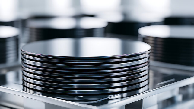 Silicon wafers stacked on a carrier tray ready for processing (2)