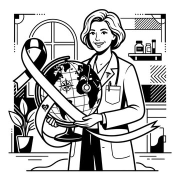 Female doctor holding globe with medical awareness ribbon