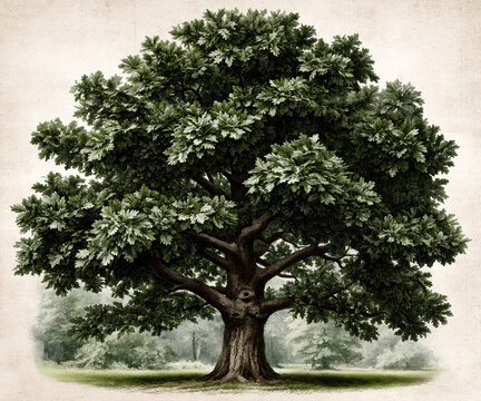 Vintage Oak Tree Botanical Illustration &ndash; AI Generative