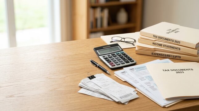 A person is reviewing tax documents on a wooden desk. The documents include income statements, expenses receipts, and tax forms.