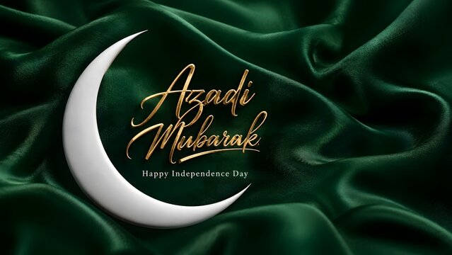 Celebrate Pakistan Independence Day (14 August) with this elegant luxury greeting card featuring a sparkling emerald green and gold crescent moon, decorative hanging ornaments with crescent and star

