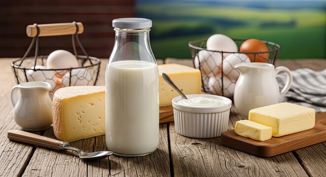 A rustic wooden table displays a variety of fresh dairy products. A clear glass bottle filled with milk sits prominently, alongside a woven basket containing eggs and a small ceramic pitcher.
