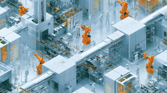 Robots and humans working together in an advanced semiconductor factory production line (3)