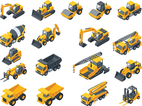 Heavy Construction Machinery Isometric Vector Set with Excavator Bulldozer and Dump Truck Illustrations