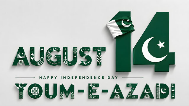 Celebrate Pakistan Independence Day (14 August) with this elegant luxury greeting card featuring a sparkling emerald green and gold crescent moon, decorative hanging ornaments with crescent and star

