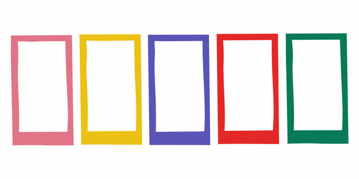 Five rectangular picture frames in pink yellow purple red and green