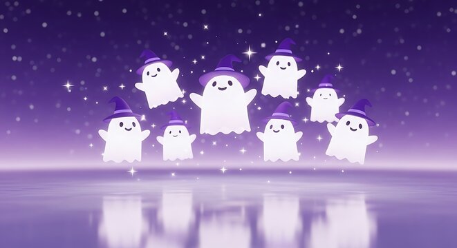 Group of cute cartoon ghosts floating in a starry night sky