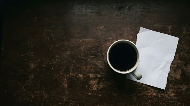 Top view of a cup of black coffee next to a blank white paper on a dark wooden table, lonely sad theme concept