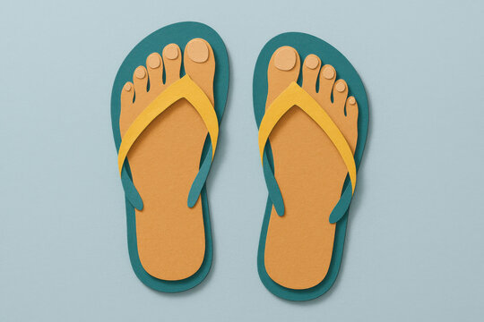 Teal and yellow flip flop sandal pair viewed from above, paper cut art style with layered texture on light blue background