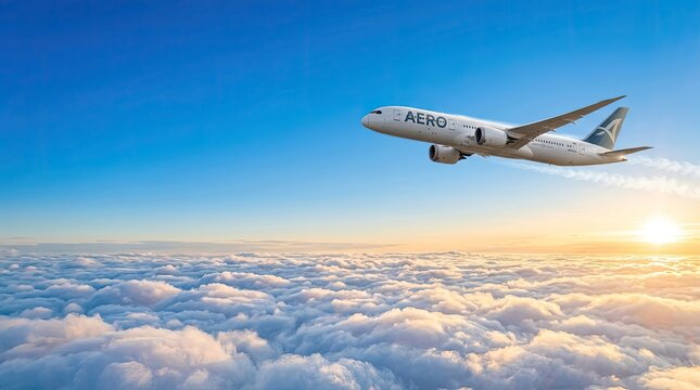 An AERO Egypt Airbus A350 passenger airplane flies through a layer of clouds beneath a bright blue sky. The sun is setting, casting a warm glow on the clouds and the aircraft.