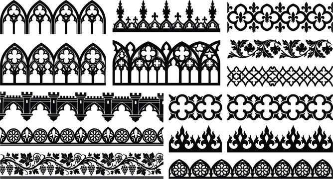 Gothic ornamental border collection, medieval decorative pattern frames, vintage vector illustration set isolated black design