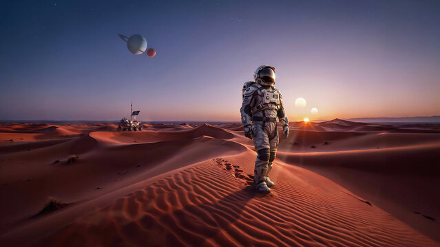 Astronaut walking across barren desert landscape on alien planet with two suns and distant orbiting ringed gas planet.