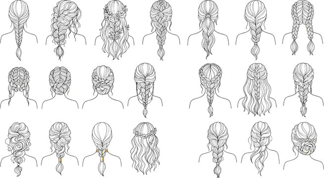 Hand Drawn Braided Hairstyle Vector Collection Featuring French Fishtail Dutch Braids and Boho Updo Elements for Salon Logos Hair Care and Beauty Identity Design