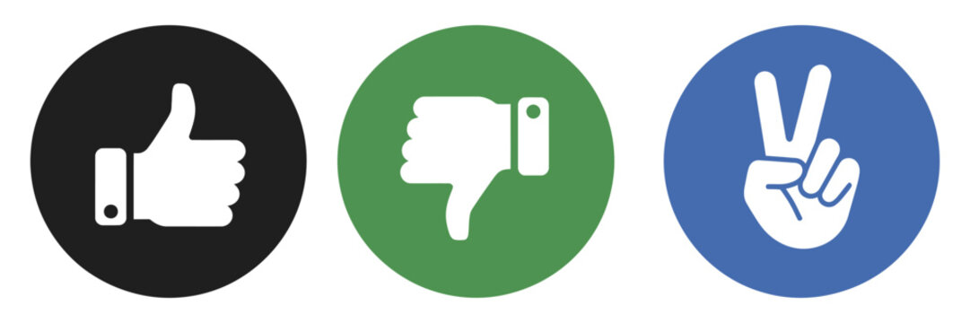 Thumbs rating icon collection, like dislike and neutral hand gesture buttons, customer satisfaction symbols, survey feedback concept, modern flat vector design set, user review icons