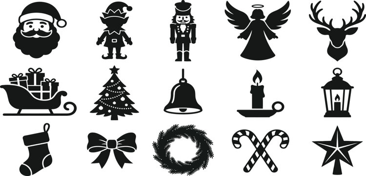 Christmas, silhouettes, collection, including, Santa, elf, nutcracker, angel, reindeer, sleigh, tree, bell, candle, lantern, stocking, bow, wreath, canes, star, 
