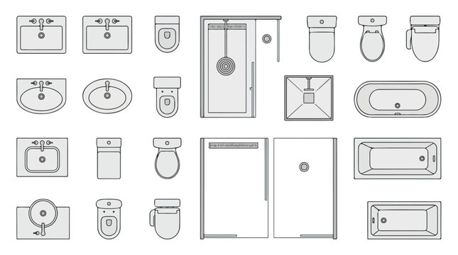 Modern bathroom floor plan icons, architectural plumbing fixtures set in top view, minimalist sanitary ware vector collection for interior design