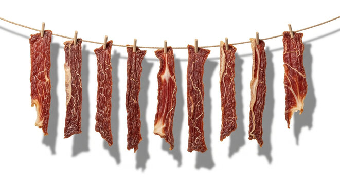 Beef jerky strips hanging on a clothesline. Dried meat snacks drying on a string.