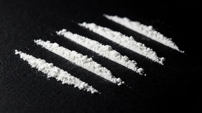 A pile of white powder forms a stylized track on a black surface. The powder is spread in a series of parallel lines, creating a distinct pattern.