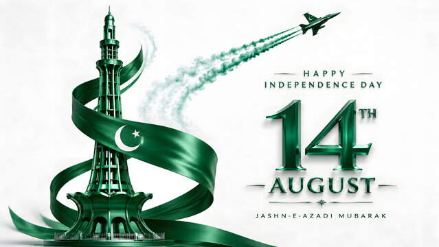 Celebrate Pakistan Independence Day (14 August) with this elegant luxury greeting card featuring a sparkling emerald green and gold crescent moon, decorative hanging ornaments with crescent and star

