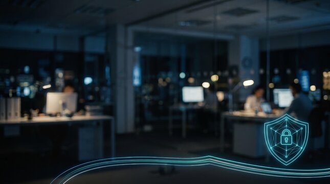 Cybersecurity Action at Late-Night Office, Data Protection Focus, Digital Environment, Abstract Perspective