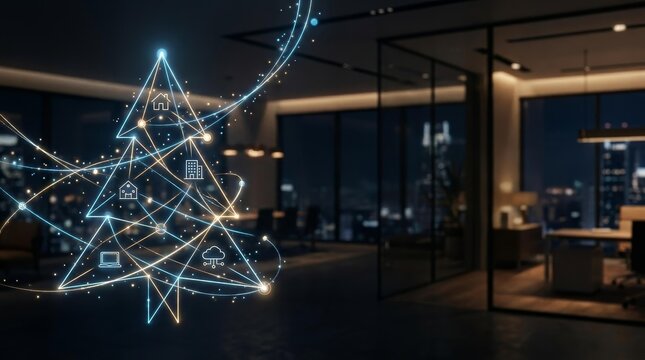 Digital Christmas Tree Installation in Urban Workspace at Night