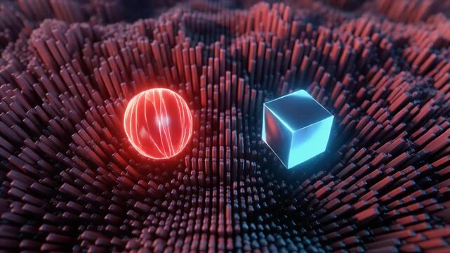 3d holographic data particles with glowing sphere and cube animation