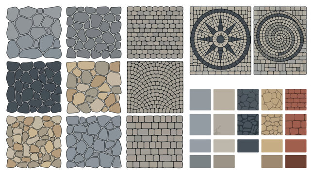 Cobblestone pavement textures and stone floor patterns, set of seamless masonry vector backgrounds, architectural paving materials for landscaping