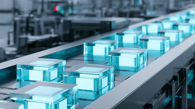 Glowing microchips resting on a conveyor belt moving through a clean semiconductor factory (1)