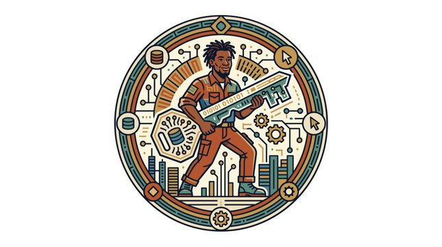 Creative Tech Musician Playing Binary Code Guitar in Futuristic City Vector Illustration digital cityscape lines clean character urban artwork geometric