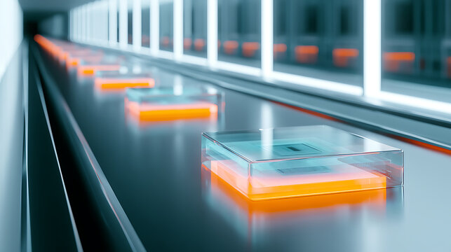 Glowing microchips resting on a conveyor belt moving through a clean semiconductor factory (2)