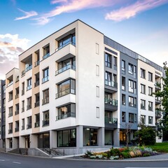 Obraz premium A modern multi-story apartment building with white and gray exterior