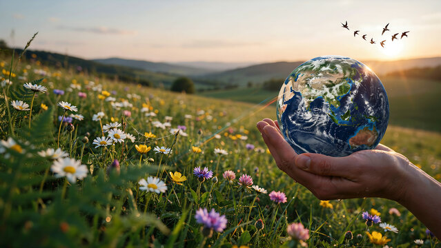 Human hands holding small floating model of earth globe over vibrant meadow field filled with colorful spring wildflowers.