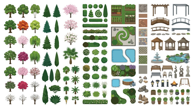 Landscape design elements vector set, garden architecture and outdoor plants collection, backyard planning icons for site maps and park layouts