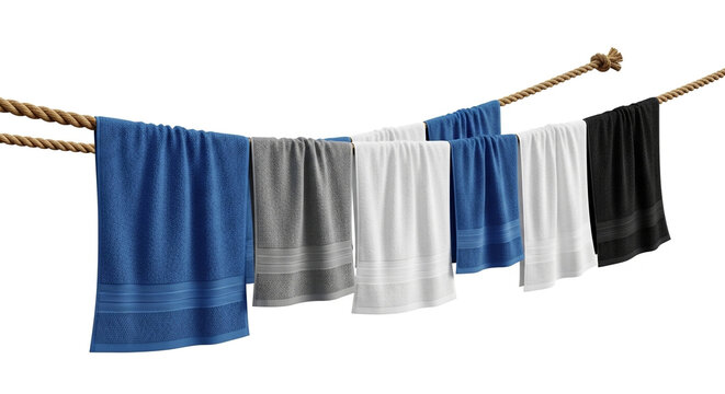 Colorful towels hanging on a rope. Clean laundry drying on a clothesline isolated on white.
