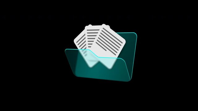 3D Glassmorphism File Folder Icon Open With Floating Papers Motion Graphic