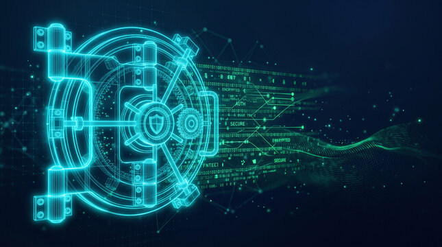 Glowing digital bank vault door hologram representing cyber security, data protection, and financial technology network concept