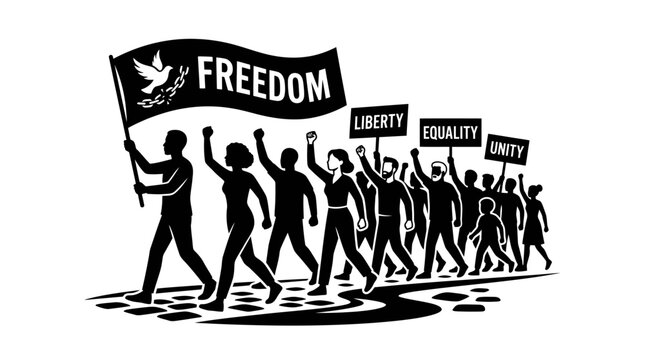 A crowd of people marching for freedom liberty equality and unity.