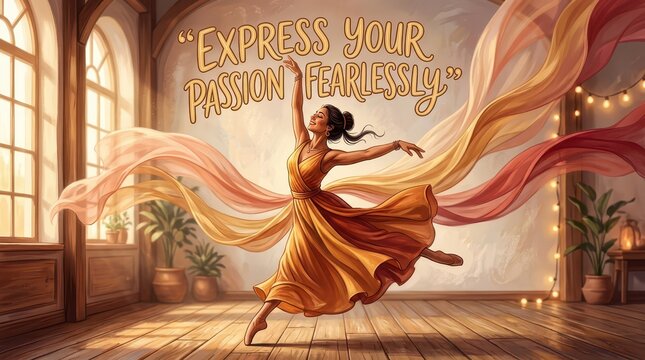 Joyful woman dancing with flowing fabric in a sunlit studio, embodying passion and freedom.