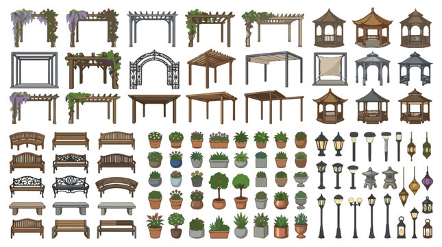 Wooden garden furniture and landscaping elements set, outdoor pergola and gazebo vector collection, patio benches and potted plants for backyard design