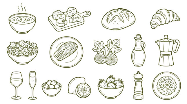 Hand drawn food icons set, rustic mediterranean cuisine line art, 15 organic restaurant menu elements, vintage kitchen sketches on white background
