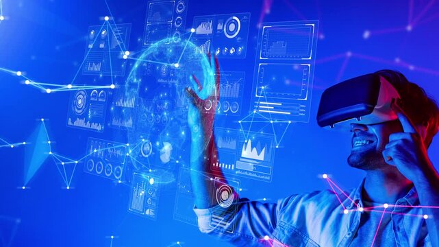 A young adult man experiences virtual reality using a headset, surrounded by vibrant digital elements and futuristic graphs, symbolizing innovation and engagement in technology. Raster