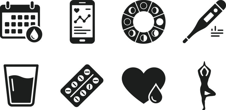 Menstrual Cycle and Fertility Tracking Icon Set - Period Calendar, Ovulation Moon Phases, Thermometer, and Wellness Symbols for Femtech Apps, Healthcare Websites, and Medical Graphic Assets