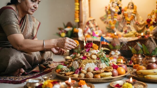 Mature Indian woman performing traditional Hindu puja ritual with Annakut food offering at home altar for spiritual devotion and religious festival celebration